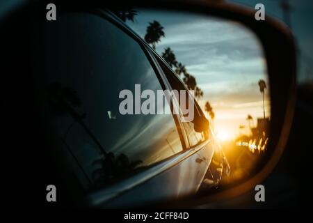 Helle Sonne und Palmen spiegeln sich vor dem Spiegel des dunklen glänzenden Autos auf der Straße in Venice Beach, USA Stockfoto