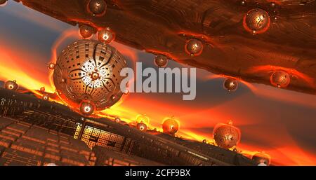 Abstrakter Hintergrund 3D, Vision eines feurigen Planeten mit fremden Konstruktionen und Strukturen, interessante Science-Fiction-Darstellung. Stockfoto