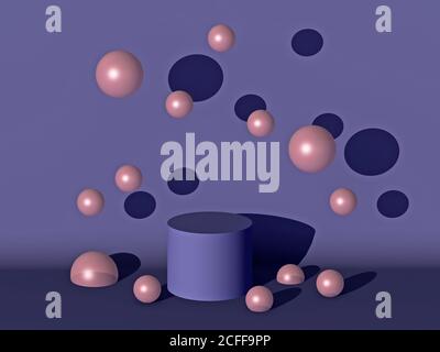 3D-Rendering des violetten Podests, umgeben von rosa Blasen Auf dem violetten Hintergrund - Kosmetik-Set Stockfoto