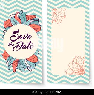 Speichern Sie die Datumskarte mit Hintergrund Chevron und Blumen. Runder Rahmen für Text. Speichern Sie die Datumsbeschriftung. Hochzeitseinladung, Vektorgrafik. Blaugrün c Stock Vektor