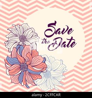 Speichern Sie die Datumskarte mit Hintergrund-Chevron-Muster und Blumen. Runder Rahmen für Text. Speichern Sie die Datumsbeschriftung. Hochzeitseinladung, Vektorgrafik Stock Vektor