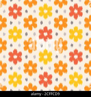 Nahtloses geometrisches Muster, basierend auf ikat-Stoffstil. Vektorgrafik. Gelbes und orangefarbenes, nahtloses Blumenmuster. Stock Vektor