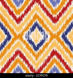 Nahtloses geometrisches Muster, basierend auf ikat-Stoffstil. Vektorgrafik. Orientalisches Teppichmuster, in Gelb, Orange und Rot. Buntes Chevron-Muster Stock Vektor