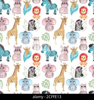 Nahtlose Safari-Muster von Tieren und Blumen auf weißem Hintergrund. Aquarell Illustration eines Kindes Design Giraffe Zebra Elefant Hippo Rhino Stockfoto