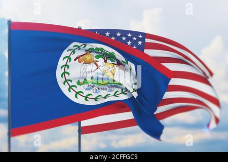 Winkende amerikanische Flagge und Flagge von Belize. Nahaufnahme, 3D-Illustration. Stockfoto