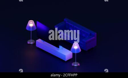 3d Rendering isometrisches dunkles Wohnzimmer mit Couch, Fernseher, Regal und Lampe. Stockfoto