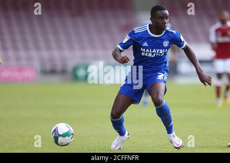 Northampton, Großbritannien. September 2020. 5. September 2020; PTS Academy Stadium, Northampton, East Midlands, England; Englisch Football League Cup, Carabao Cup, Northampton Town gegen Cardiff City; Jordi Osei-Tutu von Cardiff City sucht nach einem Outlet Credit: Action Plus Sports Images/Alamy Live News Stockfoto