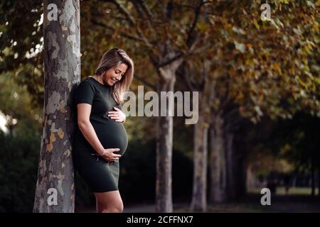 Glückliche Schwangere in lässigem Kleid streichelte Bauch, während sie an sonnigen Sommertagen auf einem grünen Baum mit blauem Himmel stand Stockfoto