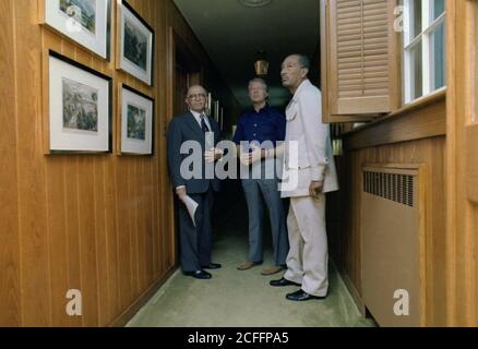 'Menachem Begin, Jimmy Carter und Anwar Sadat treffen sich während des Camp David Summit. Ca. 09/07/1978' Stockfoto