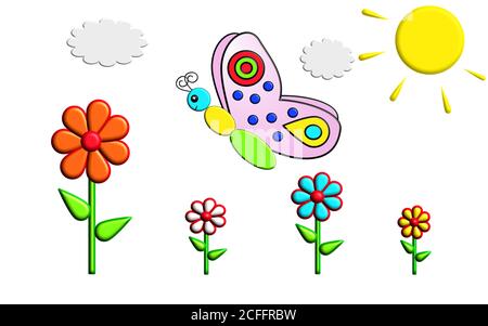 Eine Illustration eines bunten Schmetterlings auf einer Blumenwiese Stockfoto