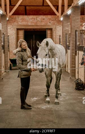 Frau umarmt Pferd mit langen Mähne im Gesicht in Stall Stockfoto