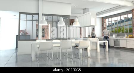 Junges Paar in einer beeindruckenden modernen Küche 3D-Rendering Stockfoto