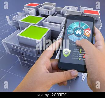 3D-Rendering einer Wohnung gesteuert durch eine Smartphone-App Stockfoto