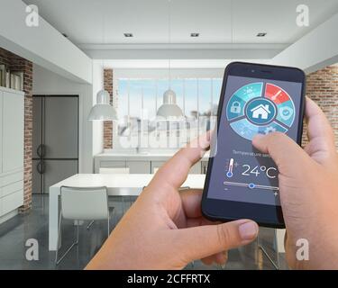 3D-Rendering eines modernen Innenraums, gesteuert durch ein Smartphone Anw Stockfoto