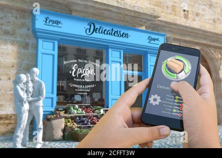 3D-Rendering einer Smartphone-App Tracking Lebensmitteleinkauf Lieferung Stockfoto