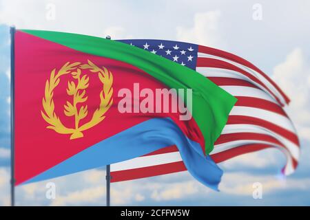 Winkende amerikanische Flagge und Flagge von Eritrea. Nahaufnahme, 3D-Illustration. Stockfoto