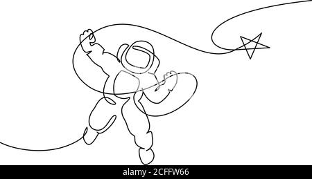 Astronaut Catching Star Logo. Fortlaufende eine-Linie-Zeichnung. Vektorgrafik Stock Vektor