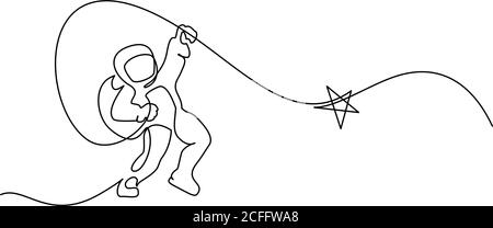 Astronaut Catching Star Logo. Fortlaufende eine-Linie-Zeichnung. Vektorgrafik Stock Vektor