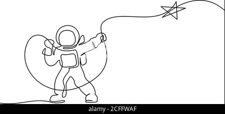 Astronaut Catching Star Logo. Fortlaufende eine-Linie-Zeichnung. Vektorgrafik Stock Vektor
