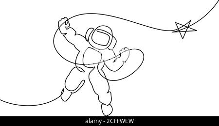 Astronaut Catching Star Logo. Fortlaufende eine-Linie-Zeichnung. Vektorgrafik Stock Vektor
