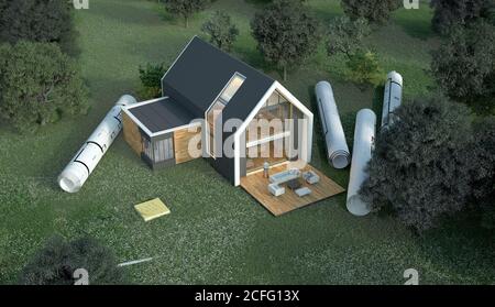 3D-Rendering eines Hauses mit Blaupausen in einem Feld Stockfoto