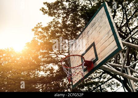 Basketballkorb unter dem Baum im Park. Stockfoto