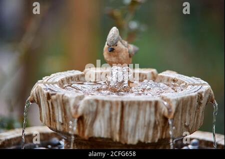 Die Figur des Vogels beim dekorativen Sommerbrunnen, dem Wasser Stockfoto