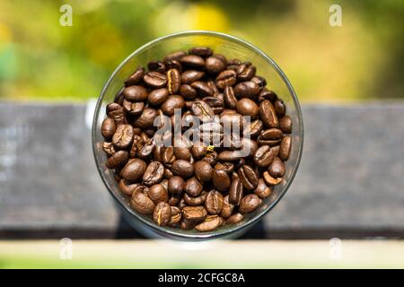 Kaffeesamen im Glas auf dem Tisch. Stockfoto