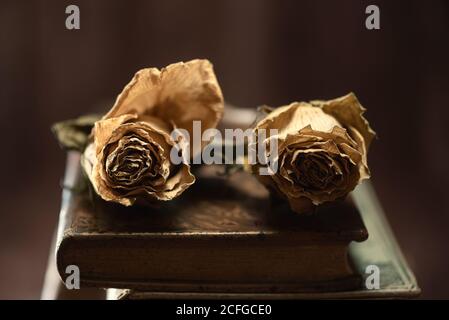 Stapel von Büchern und getrockneten Blumen auf Holztisch Stockfoto