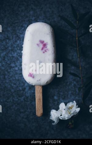 Draufsicht Stillleben von cremigen Himbeer-Popsicle platziert auf Dunkle Oberfläche und mit Blumen verziert Stockfoto