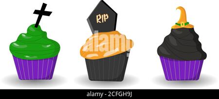 Halloween-Leckerbissen. Muffins oder Cupcakes sind schrecklich. Kuchen. Unheimliche Charaktere. Halloween Rezepte Stock Vektor