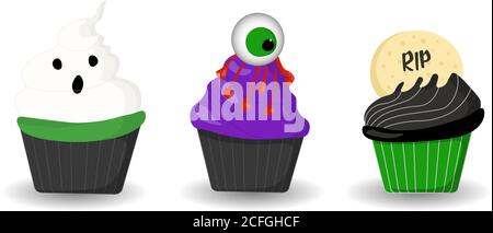 Halloween-Leckerbissen. Muffins oder Cupcakes sind schrecklich. Kuchen. Unheimliche Charaktere. Halloween Rezepte Stock Vektor