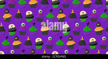 Halloween-Muster. Muffins und Cupcakes. Beängstigendes und schreckliches Muster. Hintergrund für Halloween. Textil- und Verpackungspapier-Design. Stock Vektor