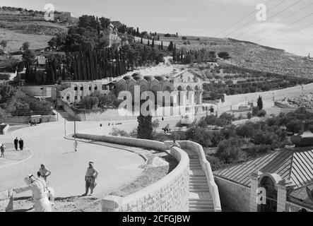 Bildunterschrift: Garten von Gethsemane & Hänge von Olivet mit neuer Straße schöne Kurve der Straße - Lage: Jerusalem ca. 1942 Stockfoto