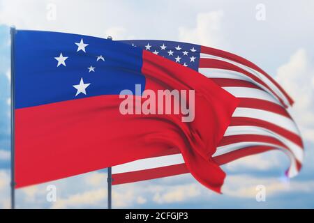 Schwenkende amerikanische Flagge und Flagge von Samoa. Nahaufnahme, 3D-Illustration. Stockfoto