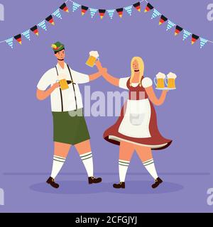 deutsches Paar trägt tiroler Anzug trinken Biere Zeichen Vektor-Illustration Design Stock Vektor