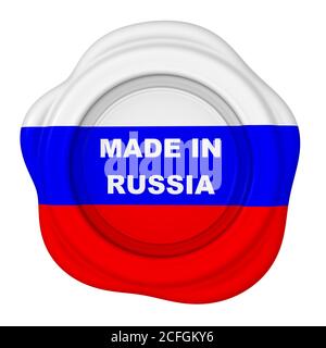 Hergestellt in Russland Wachsstempel. Wachsstempel in der Farbe der russischen Flagge beschriftet MADE IN RUSSIA Text. Isoliert. 3D-Illustration Stockfoto