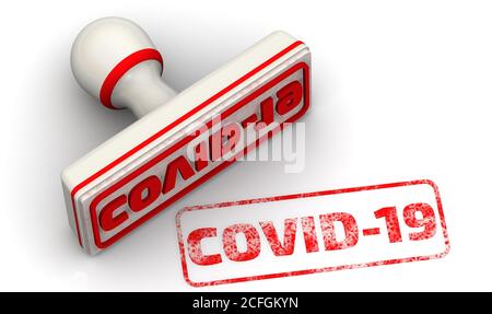 COVID-19. Der Stempel und ein Aufdruck. Die weiße Dichtung und der rote Aufdruck COVID-19 auf weißer Oberfläche. 3D-Illustration Stockfoto