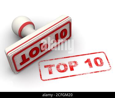 Zehn der besten. Der Stempel und ein Aufdruck. Weißer Stempel und roter Aufdruck mit Text TOP 10 auf weißer Oberfläche. 3D-Illustration Stockfoto