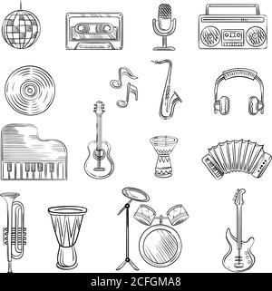 Symbole für Musikelemente eingestellt. Handgezeichnete Skizze mit Noten, Instrumenten, Gitarre, Kopfhörer, Schlagzeug, Musikspieler Stock Vektor