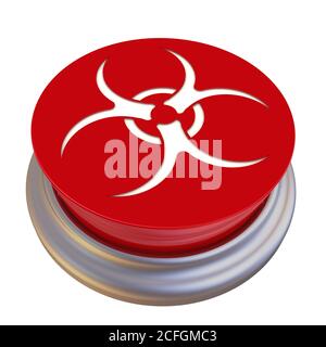 Rote Taste mit Biogefahrensymbol. Rote Taste mit dem Zeichen der biologischen Verschmutzung gekennzeichnet. Isoliert auf weißem Hintergrund. 3D-Illustration Stockfoto
