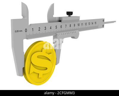 Messung des Gewinns. Der Bremssattel misst die goldene Münze mit dem Symbol des US-Dollars. Finanzkonzept. Isoliert. 3D-Illustration Stockfoto