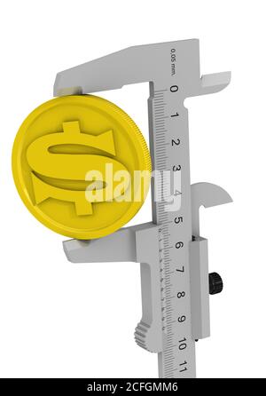 Messung des Gewinns. Der Bremssattel misst die goldene Münze mit dem Symbol des US-Dollars. Finanzkonzept. Isoliert. 3D-Illustration Stockfoto