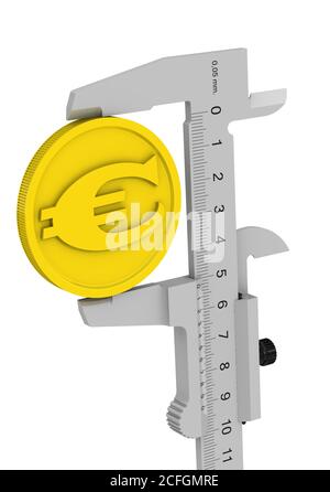 Der Bremssattel misst die goldene Münze mit dem Symbol der europäischen Währung. Finanzkonzept. Isoliert. 3D-Illustration Stockfoto