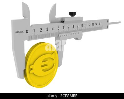 Der Bremssattel misst die goldene Münze mit dem Symbol der europäischen Währung. Finanzkonzept. Isoliert. 3D-Illustration Stockfoto