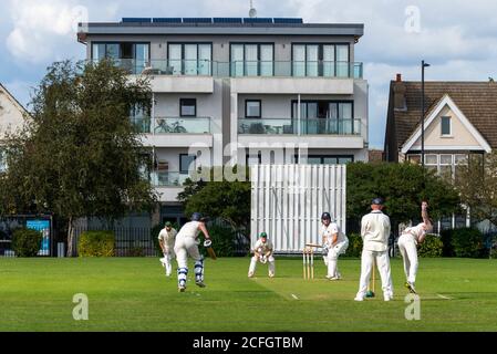 Cricket wird in Chalkwell Park, Westcliff on Sea, Southend, Essex, Großbritannien gespielt. Wohnungen, Wohnungen mit Blick auf den Park, London Road. Spiel läuft Stockfoto