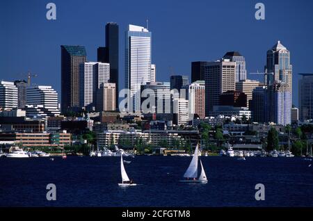 Lake Union mit Innenstadt, Gas Works Park, Seattle, Washington Stockfoto