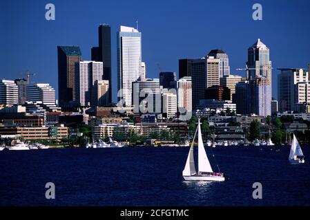 Lake Union mit Innenstadt, Gas Works Park, Seattle, Washington Stockfoto