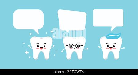 Happy Tooth Icon Set mit Spatzen Blasen isoliert auf blauem Hintergrund. Stock Vektor