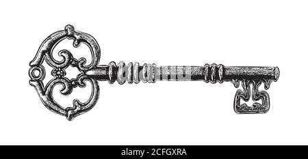 Handgezeichneter antiker Schlüssel. Skizze Stil der Vintage-Taste auf weißem Hintergrund. Alte Designdarstellung. Vektor. Stock Vektor